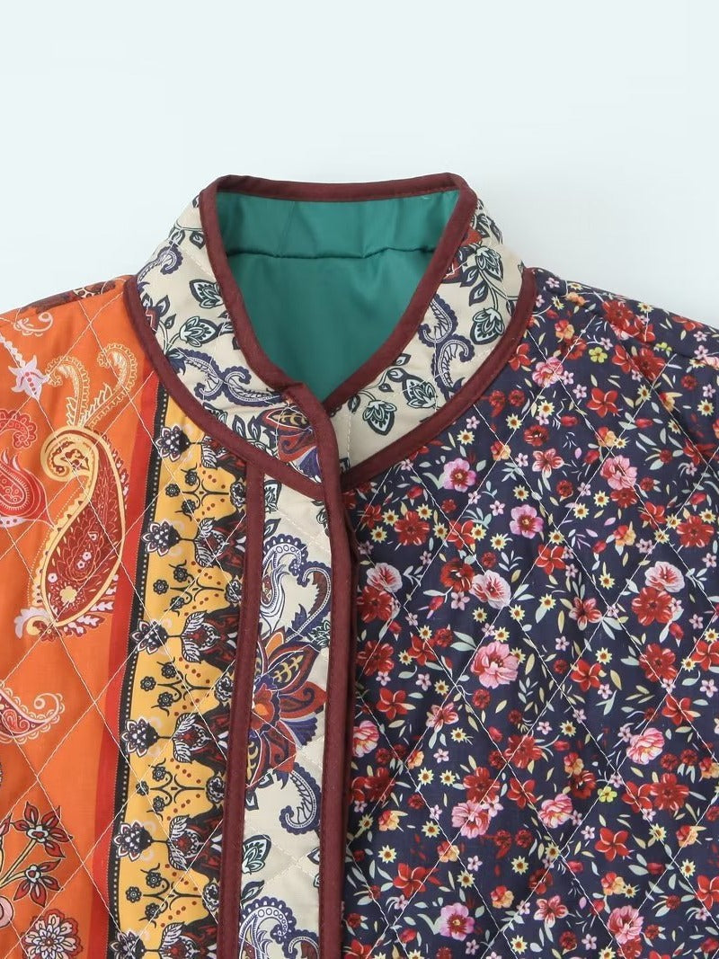 Damen gesteppte Patchworkjacke mit floralem Design und praktischen Taschen R&B