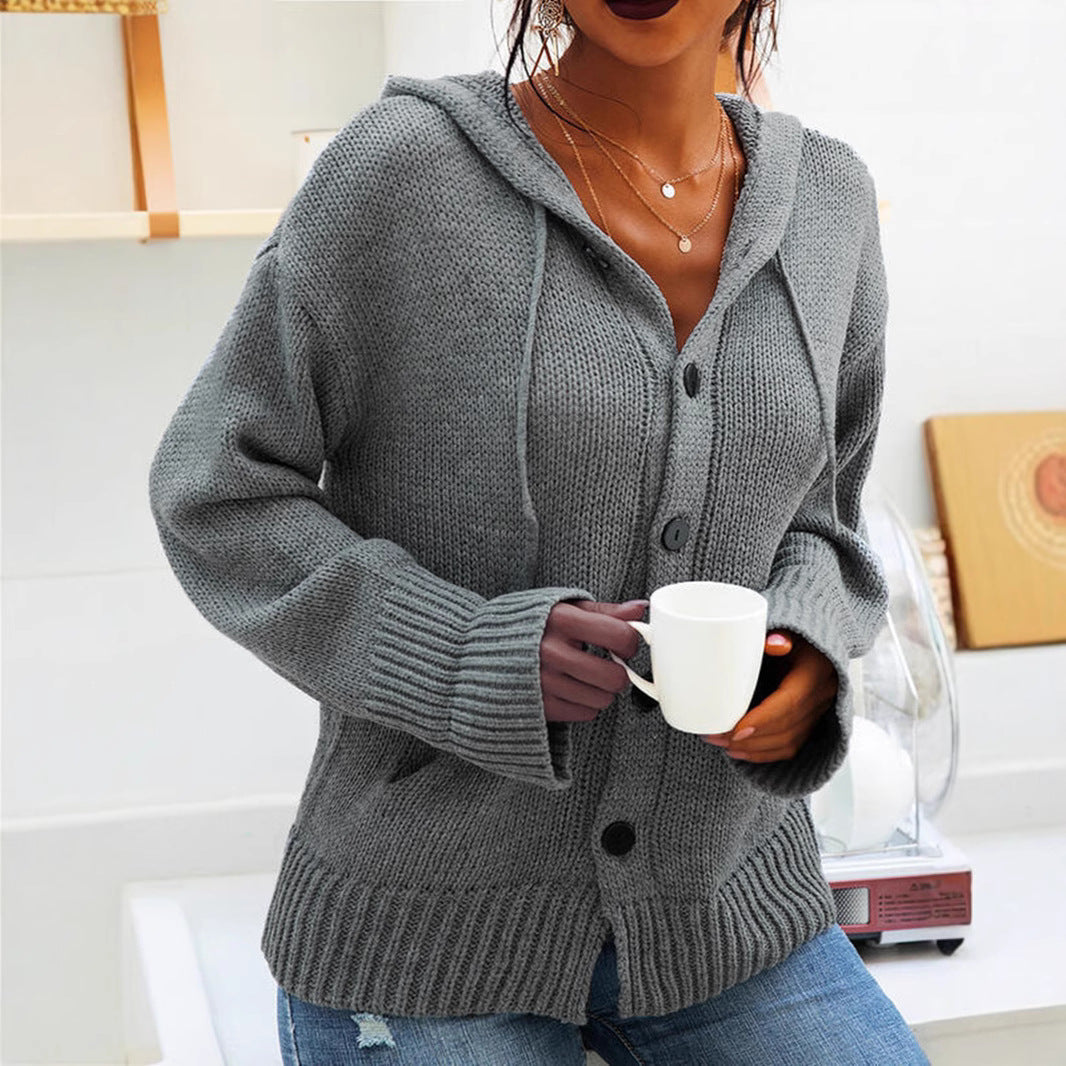 Damen Strickjacke mit Kapuze und knöpfen im lässigen Stil R&B