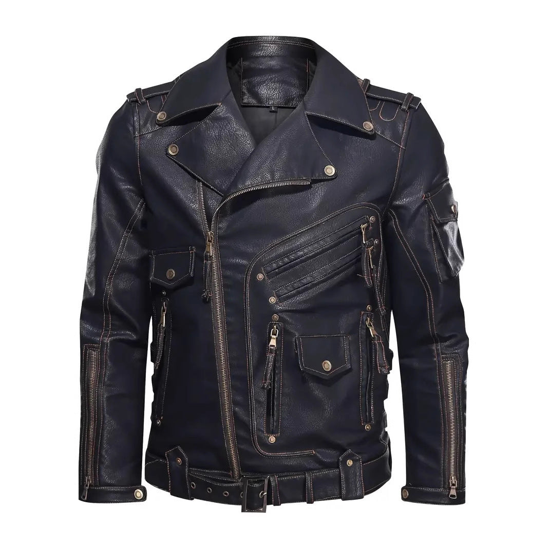 Herren Stylische Bikerjacke mit Mehreren Reißverschlusstaschen und Gürteldetail R&B