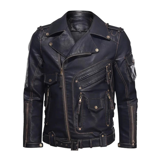 Herren Stylische Bikerjacke mit Mehreren Reißverschlusstaschen und Gürteldetail R&B