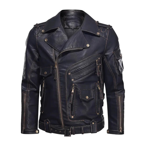 Herren Stylische Bikerjacke mit Mehreren Reißverschlusstaschen und Gürteldetail R&B