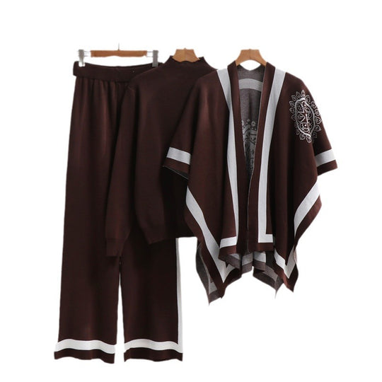 Damen elegantes Strick-Loungewear-Set mit grafischem Muster und weiten Ärmeln R&B