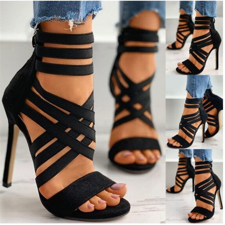 Damen Offene High-Heel Sandaletten mit elastischen Riemen R&B