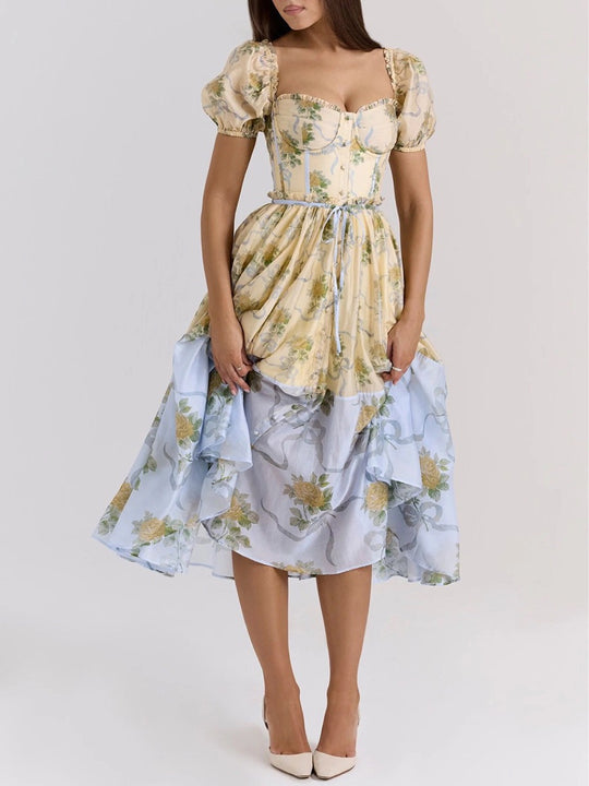 Damen Midi-Kleid mit verspielt floralen Details und Puffärmeln R&B