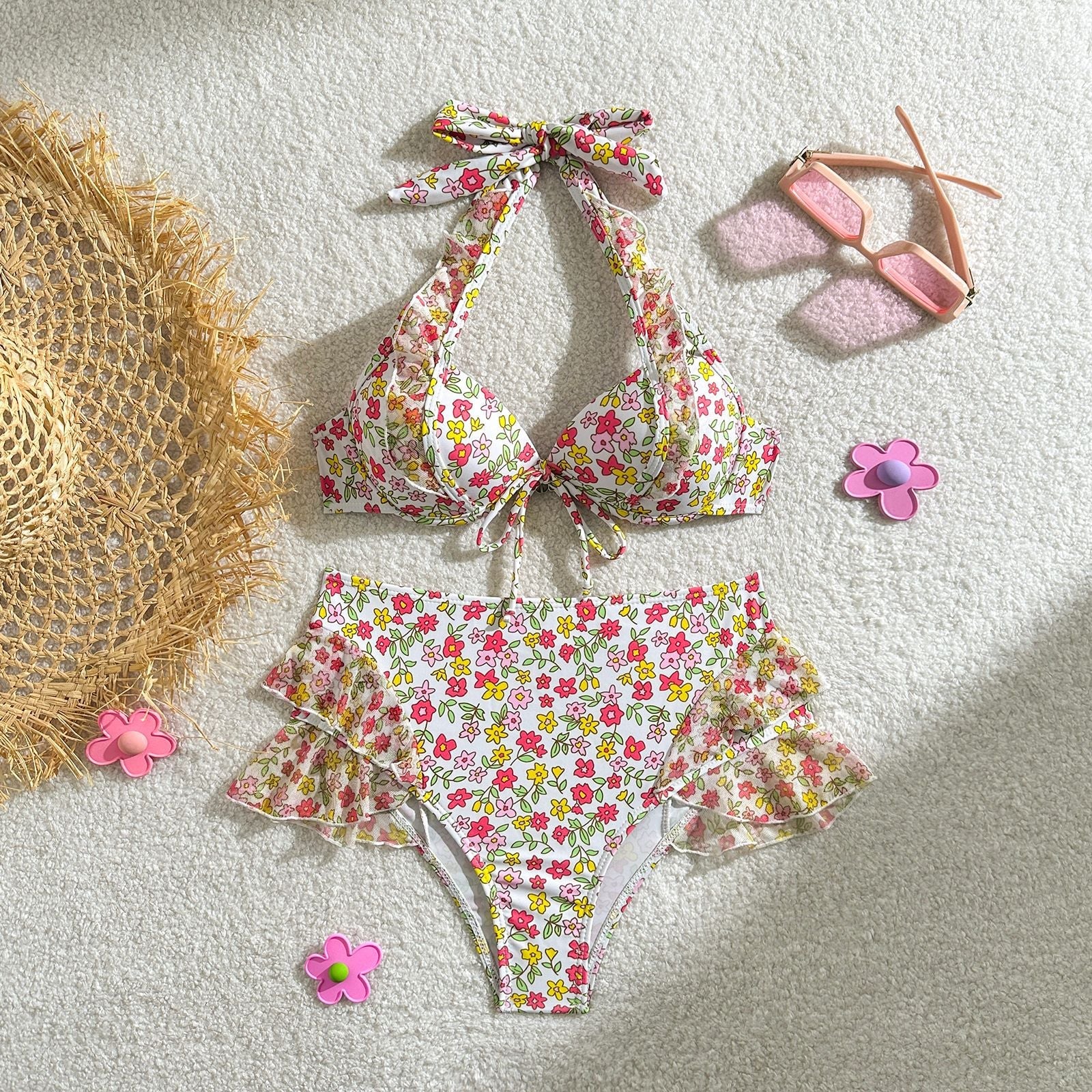 Damen Retro-Bikini-Set mit floralem Design und Rüschendetails R&B