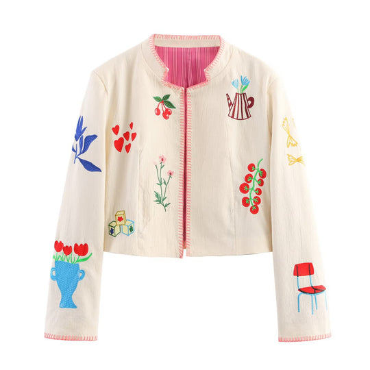 Damen bestickte Kunstlederjacke mit floralem Design R&B