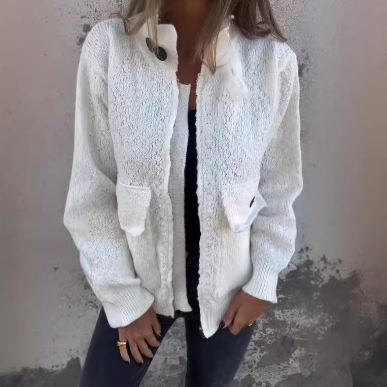 Damen weiche Strickjacke mit wärmeisolierendem Kragen und aufgesetzten Taschen R&B
