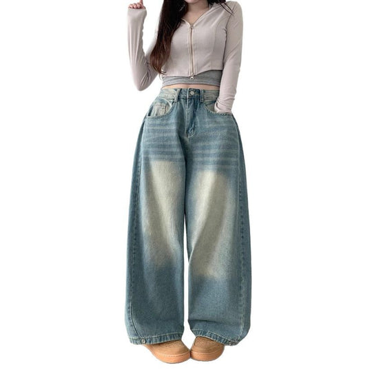 Damen Weite High-Waist Denim-Hose mit Faltenwurf R&B