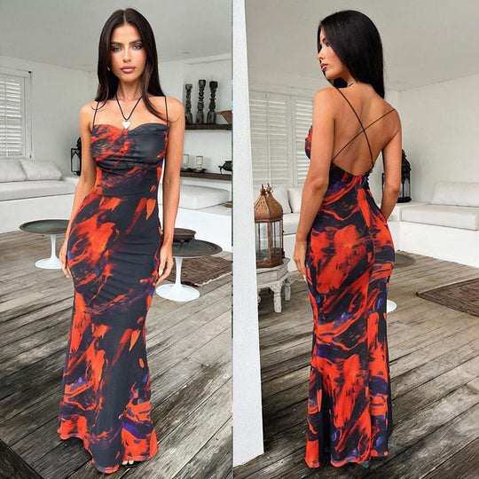 Damen Maxikleid mit elegantem Wasserfarbmuster und schmalen Spaghetti-Trägern R&B