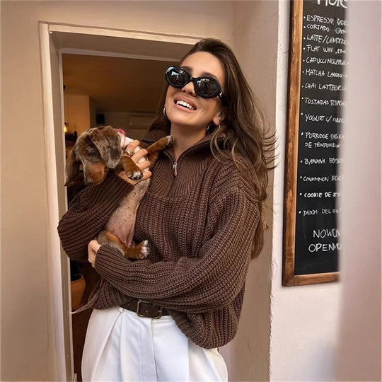 Damen Grober Strickpullover mit hohem Kragen und Reißverschluss R&B