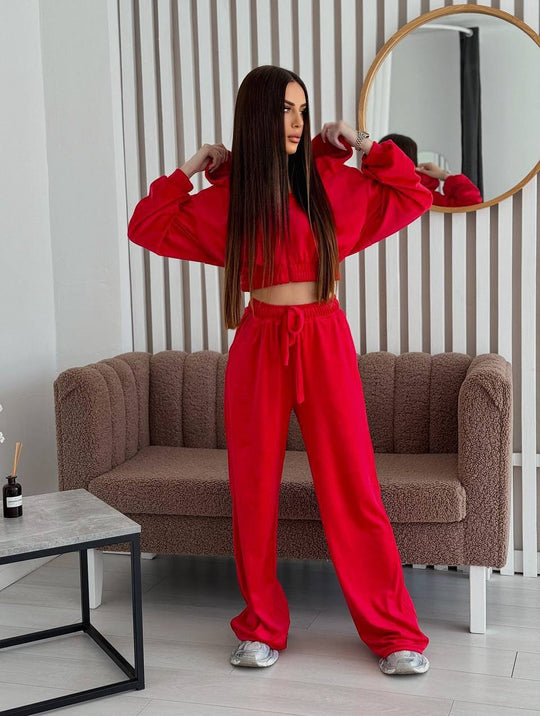 Damen Velours Freizeitanzug mit cropped Oberteil und weitem Bein R&B
