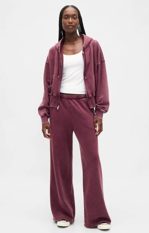 Damen nan zweiteiliges Frottee-Loungewear-Set mit Reißverschluss-Kapuzenjacke und weit geschnittener Jogginghose R&B