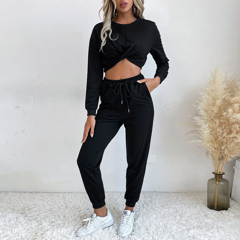 Damen Lässiger zweiteiliger Jogginganzug mit cropped Oberteil und flexibler Taille R&B