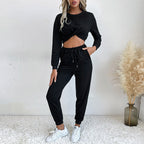 Damen Lässiger zweiteiliger Jogginganzug mit cropped Oberteil und flexibler Taille
