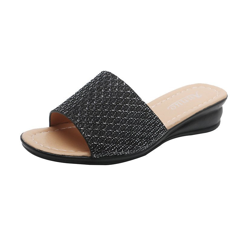 Damen nan Glitzerslipper mit breiter Riemenfront, offenem Zehenbereich, gepolstertem Komfortfußbett und leichtem Keilabsatz R&B