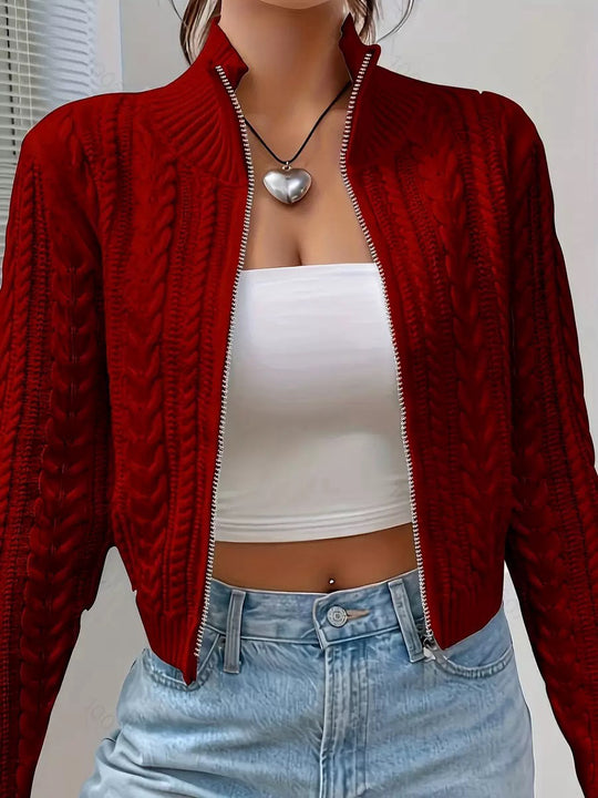 Damen Strickjacke mit elegantem Kabelstrickmuster und moderner Stehkragenoptik R&B