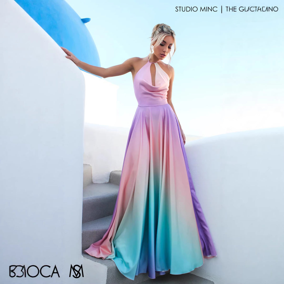 Damen Elegantes Maxikleid mit schickem Halterneck und geschmeidiger Satinoptik R&B