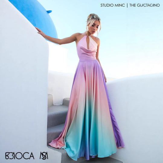 Damen Elegantes Maxikleid mit schickem Halterneck und geschmeidiger Satinoptik R&B
