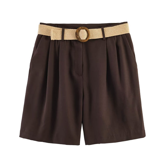 Damen elegante Shorts mit breitem, geflochtenem Gürtel R&B