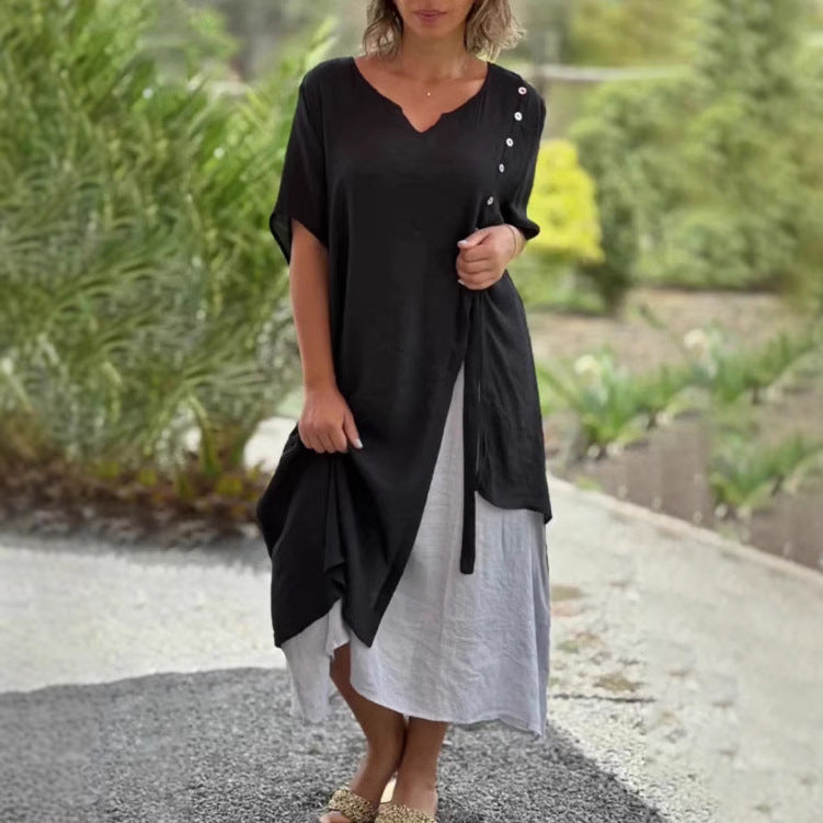 Damen nan zweilagiges Lagenkleid mit asymmetrischem Saum und Zierknopfleiste R&B