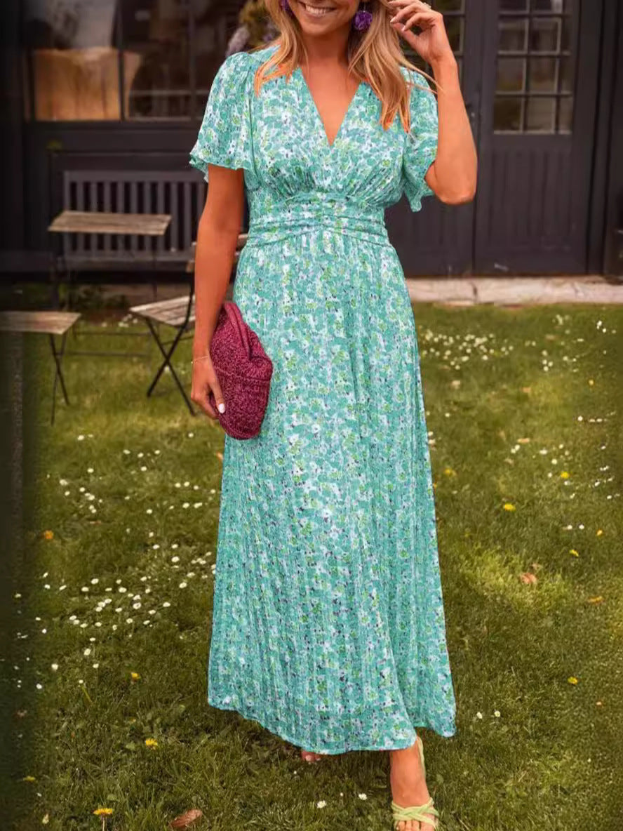 Damen Maxikleid mit floraler Raffung und V-Ausschnitt R&B