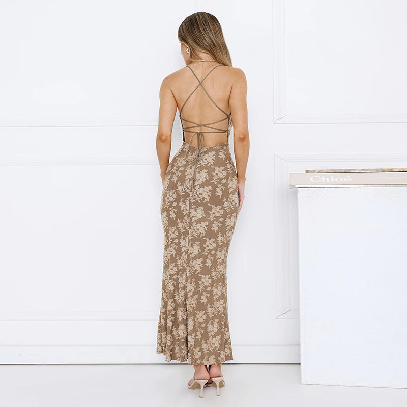Damen figurbetontes Maxikleid mit floralem Muster und tiefem V-Ausschnitt EB