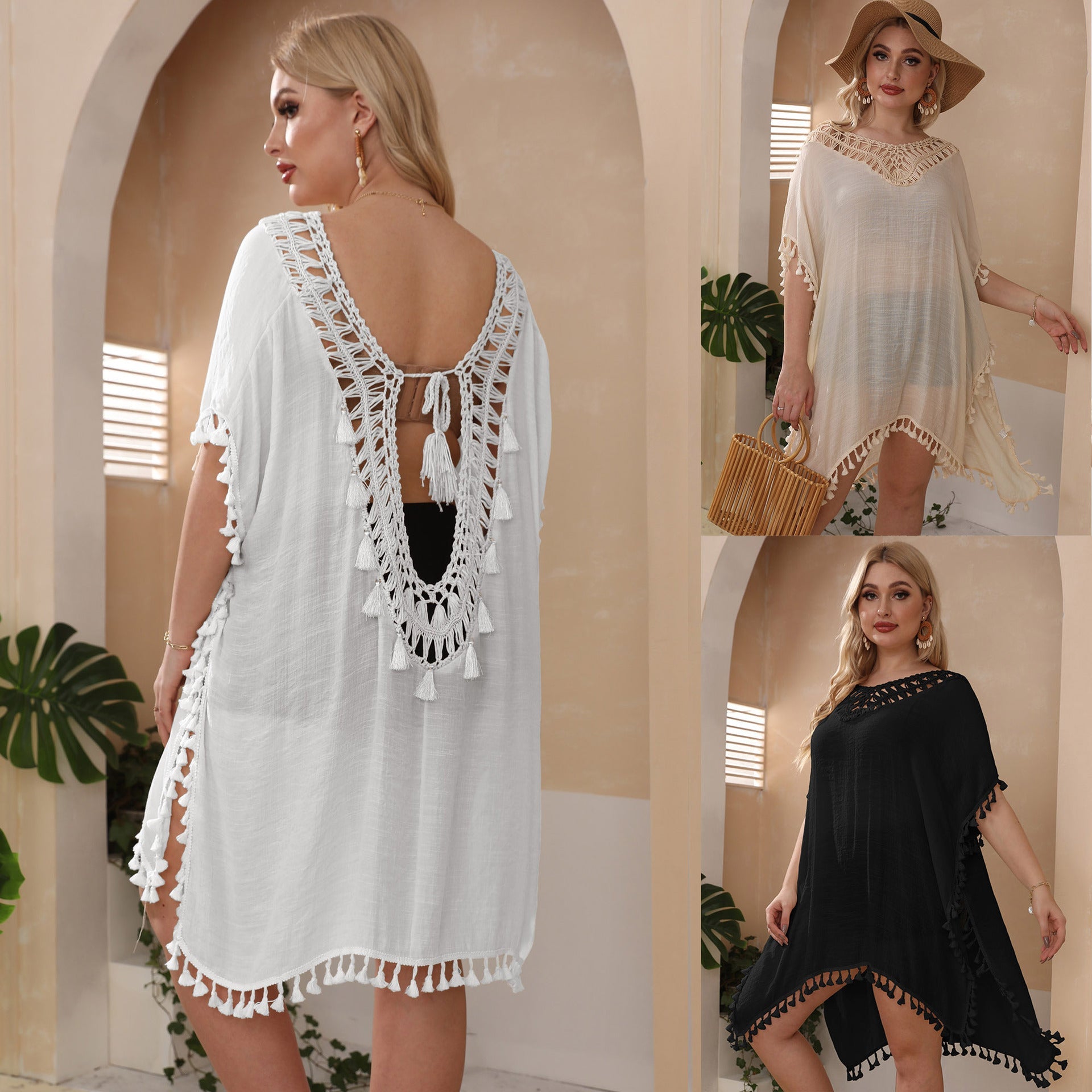 Damen luftiger Strand-Kaftan mit dekorativen Quasten R&B