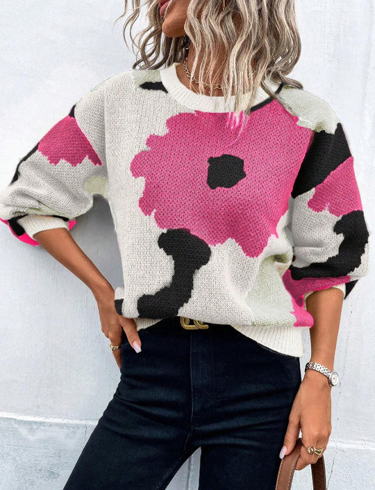 Damen modischer Pullover mit floralem Muster und weiten Ärmeln R&B