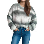 Damen lässiger Strickpullover mit modernem Lochmuster und voluminösen Ärmeln R&B