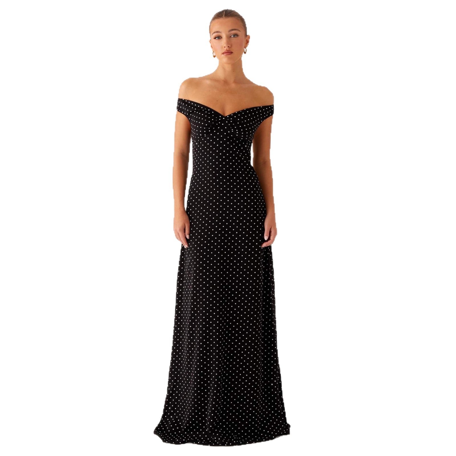 Damen Abendkleid mit Off-Shoulder-Design und elegantem Punktmuster R&B