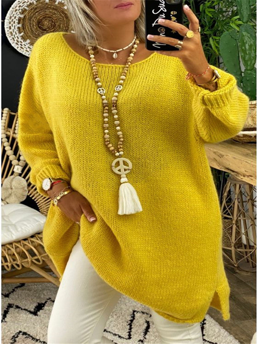 Damen lässiger Langarmstrickpullover im Oversized-Stil mit seitlichen Schlitzen R&B