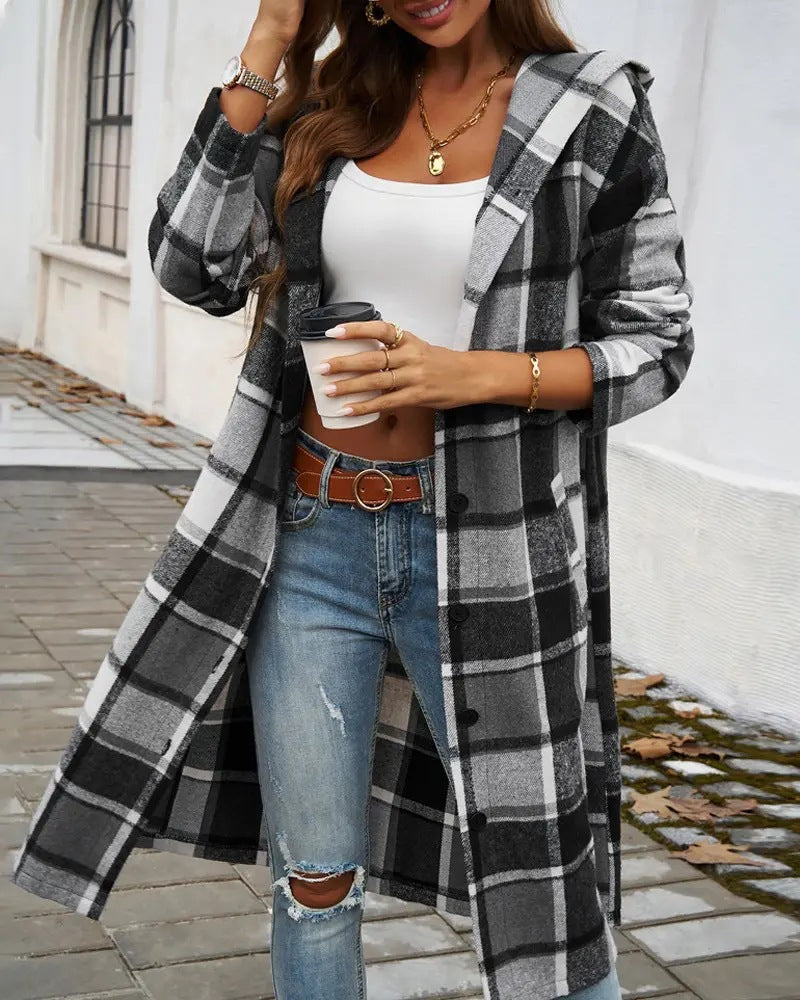 Damen Karomuster Longjacke mit Kapuze R&B