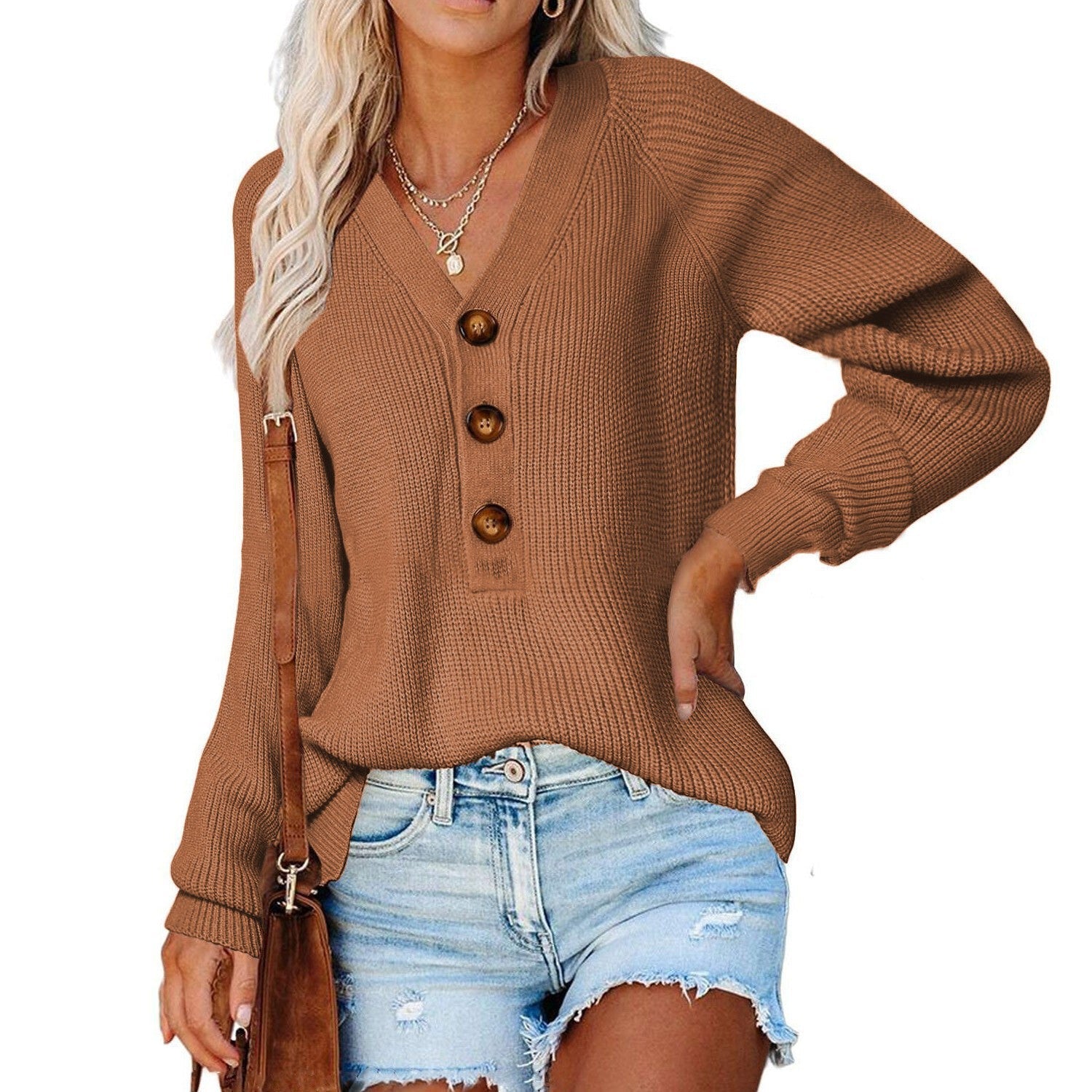 Damen Strickpullover mit vorderem Knopfverschluss und lässigem Schnitt R&B