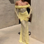 Damen Elegantes Spitzen-Maxikleid mit elegantem Off-Shoulder Design und Raffungen R&B