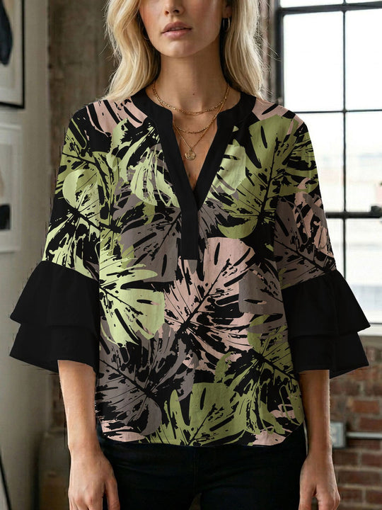 Damen Blusenshirt mit voluminösen Ärmeln und kreativem Druckdesign R&B