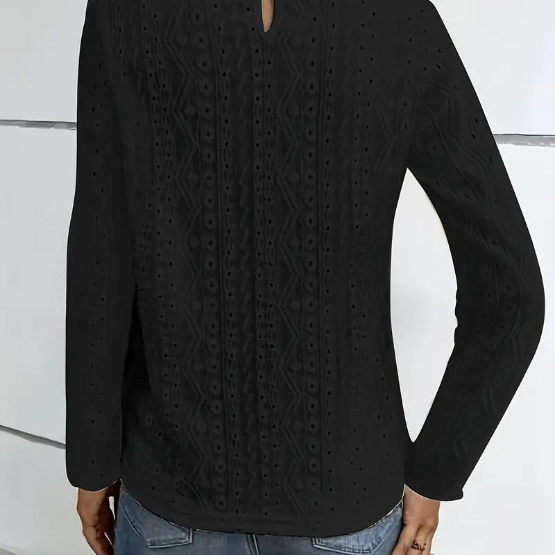 Damen elegante Bluse mit Spitzeneinsätzen und detailliertem Lochmuster R&B