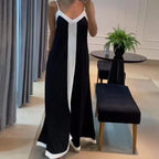 Damen Maxikleid mit tiefem Rückenausschnitt und elegantem Kontrastbund R&B