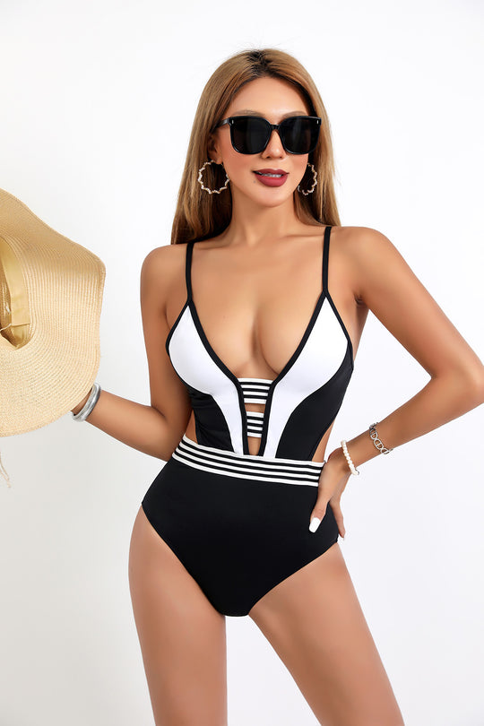 Damen Sportlicher Einteiler Badeanzug mit tiefem V-Ausschnitt und seitlichen Cut-Outs R&B