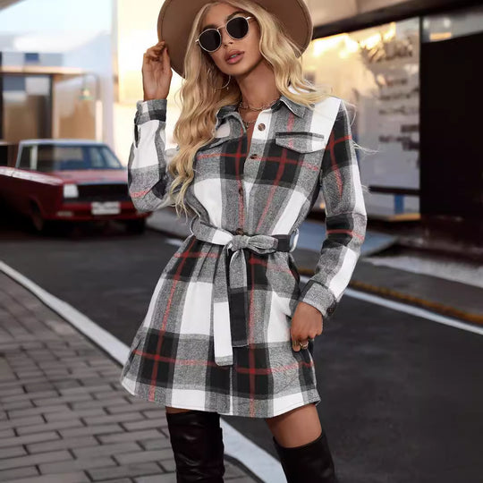 Damen Karo-Kleid mit Taillengürtel und Knopfdetails R&B