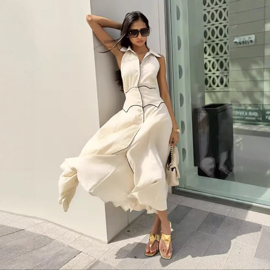 Damen Maxikleid mit elegantem Kragen und feinem Knopfdesign R&B