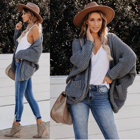 Damen Grobstrickjacke mit lässigen Konturen und großen Taschen R&B