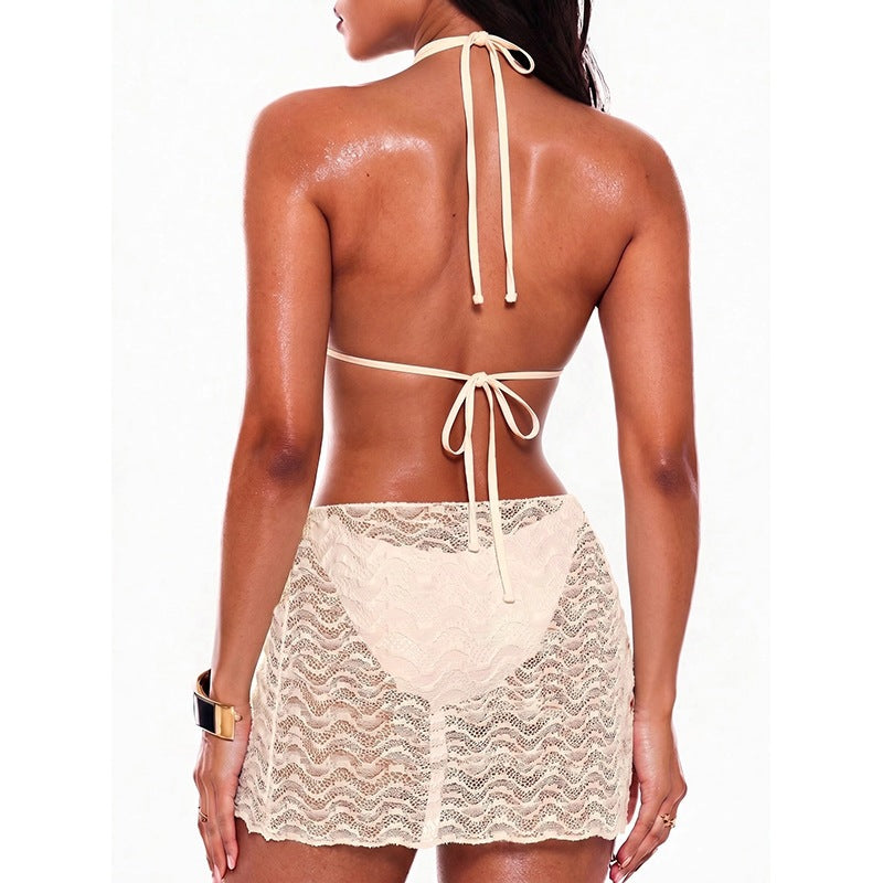 Damen Bikini-Set mit zarter Spitzenoptik und lässigem Wickelrock R&B