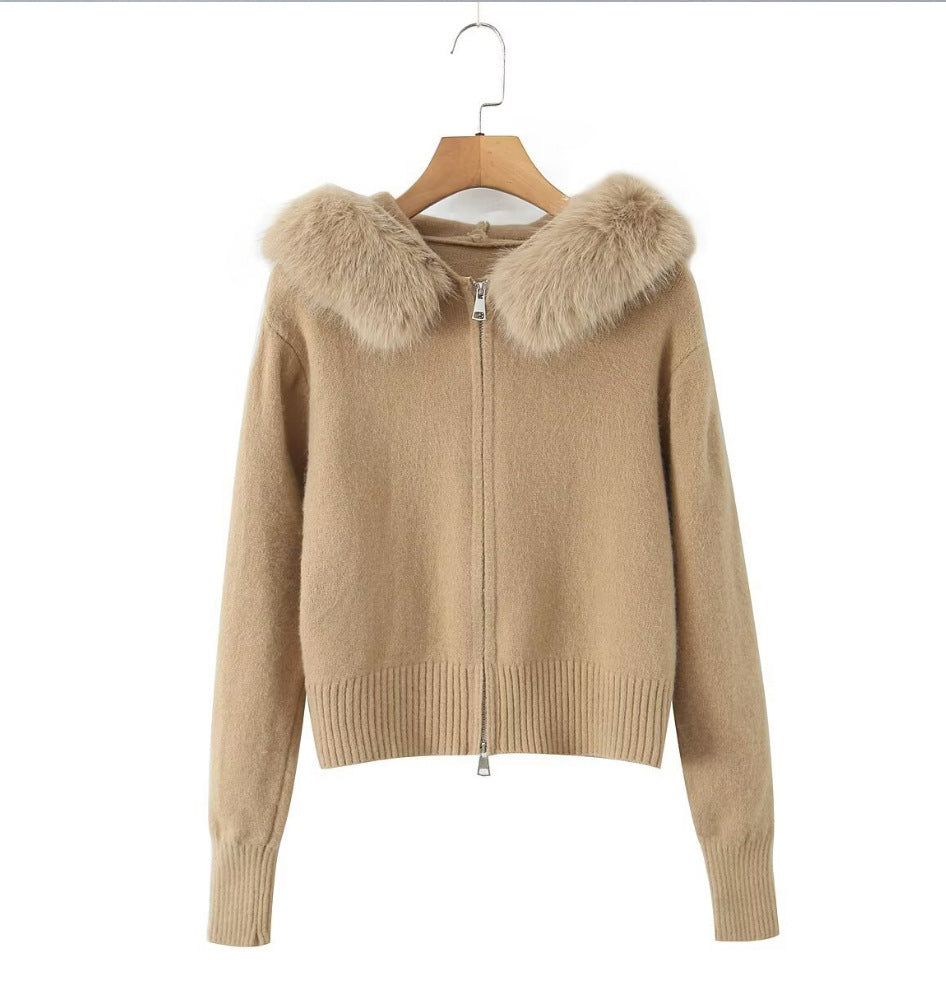Damen Strickjacke mit luxuriösem Kunstfellkragen und Reißverschluss R&B