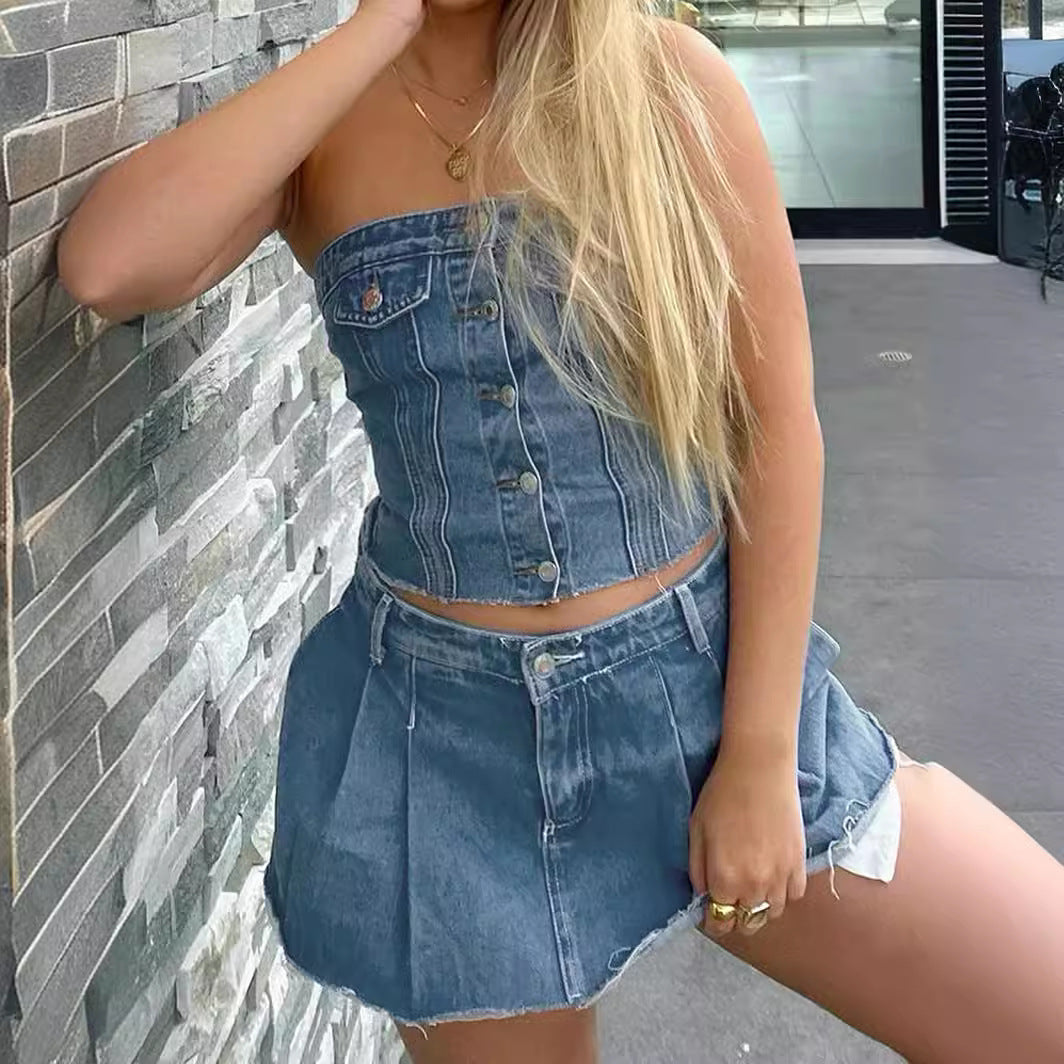 Damen Denim-Crop-Top mit gestricktem Überwurf R&B