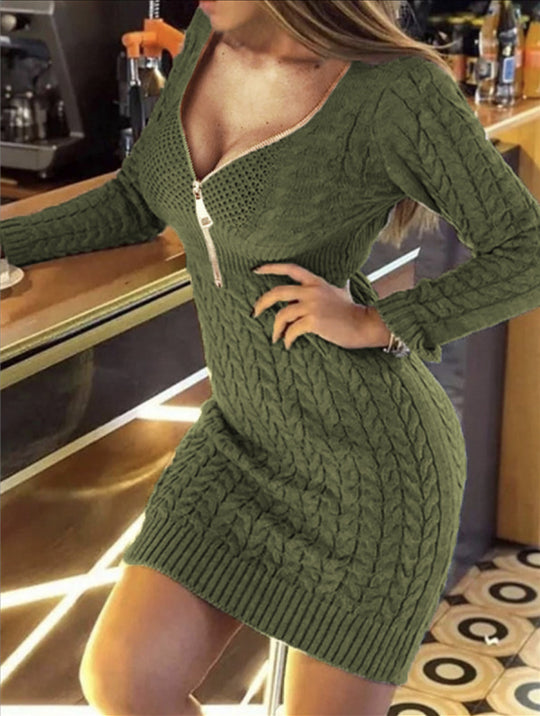 Damen Strickkleid mit hohem Kragen und modernem Reißverschluss R&B