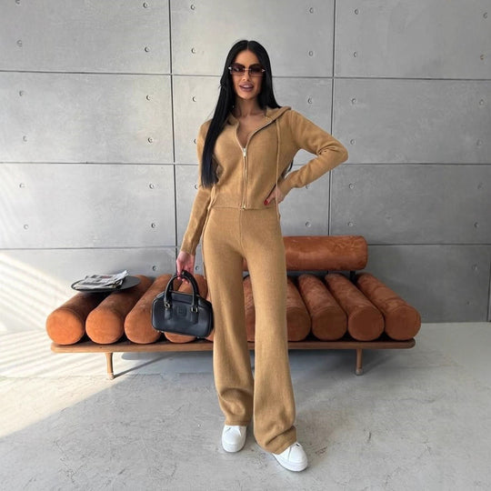 Damen Strickoverall mit modischem Reißverschluss und Kapuze R&B