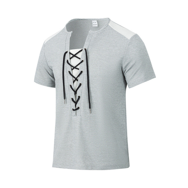 Herren Kurzarm-Henley-T-Shirt mit dekorativen Schnürdetails und atmungsaktiver Struktur R&B
