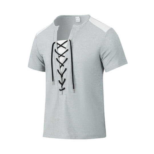 Herren Kurzarm-Henley-T-Shirt mit dekorativen Schnürdetails und atmungsaktiver Struktur R&B