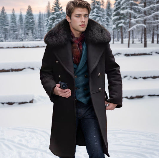Herren eleganter Langmantel mit luxuriösem Fellkragen R&B