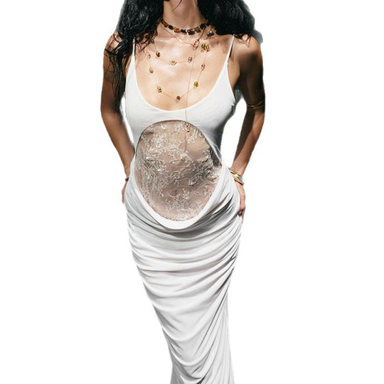 Damen Elegantes langes Kleid mit transparentem Spitzenbesatz und raffinierten Drapierungen R&B